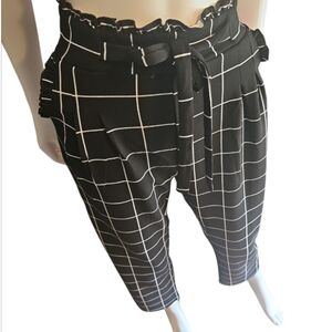 Black and White Ankle-Length Grid Pants with Paper Bag Waist